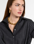 Eleanor Shirt Dress in Charcoal Chalk Stripe, close-up detail | Eleanor Leftwich