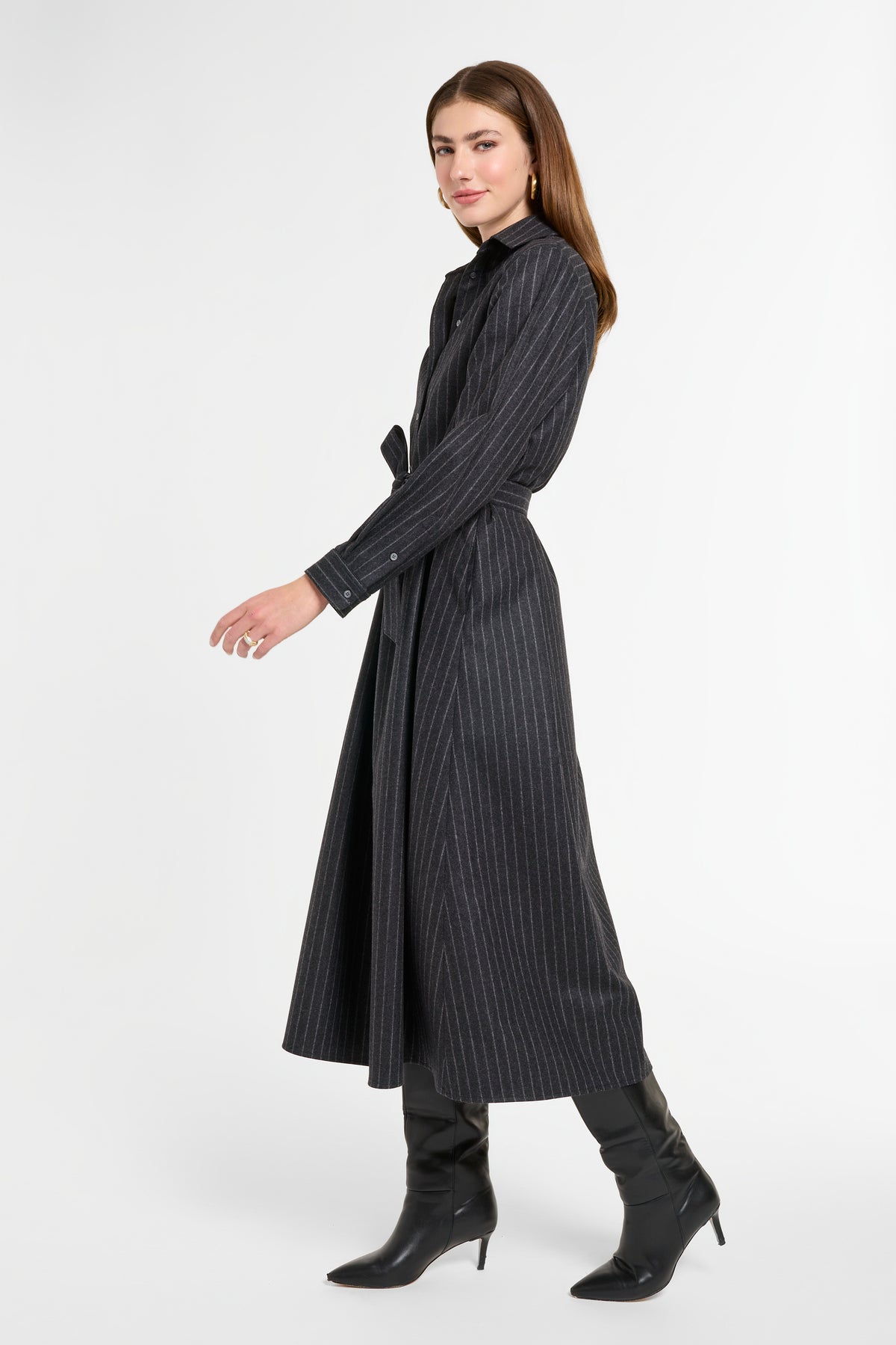 Eleanor Shirt Dress in Charcoal Chalk Stripe, side view | Eleanor Leftwich