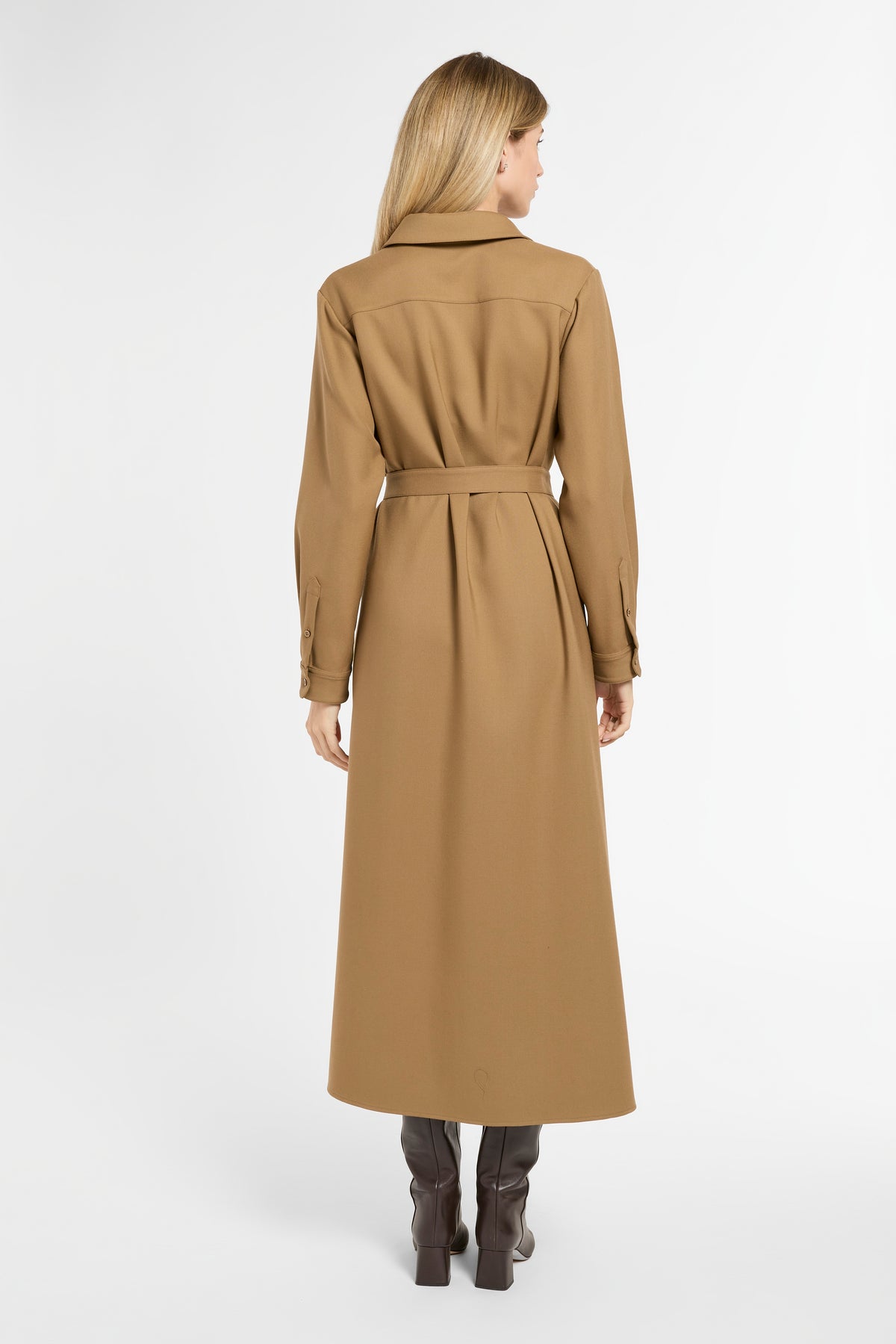 Eleanor Shirt Dress in Cognac Virgin Wool, back view | Eleanor Leftwich