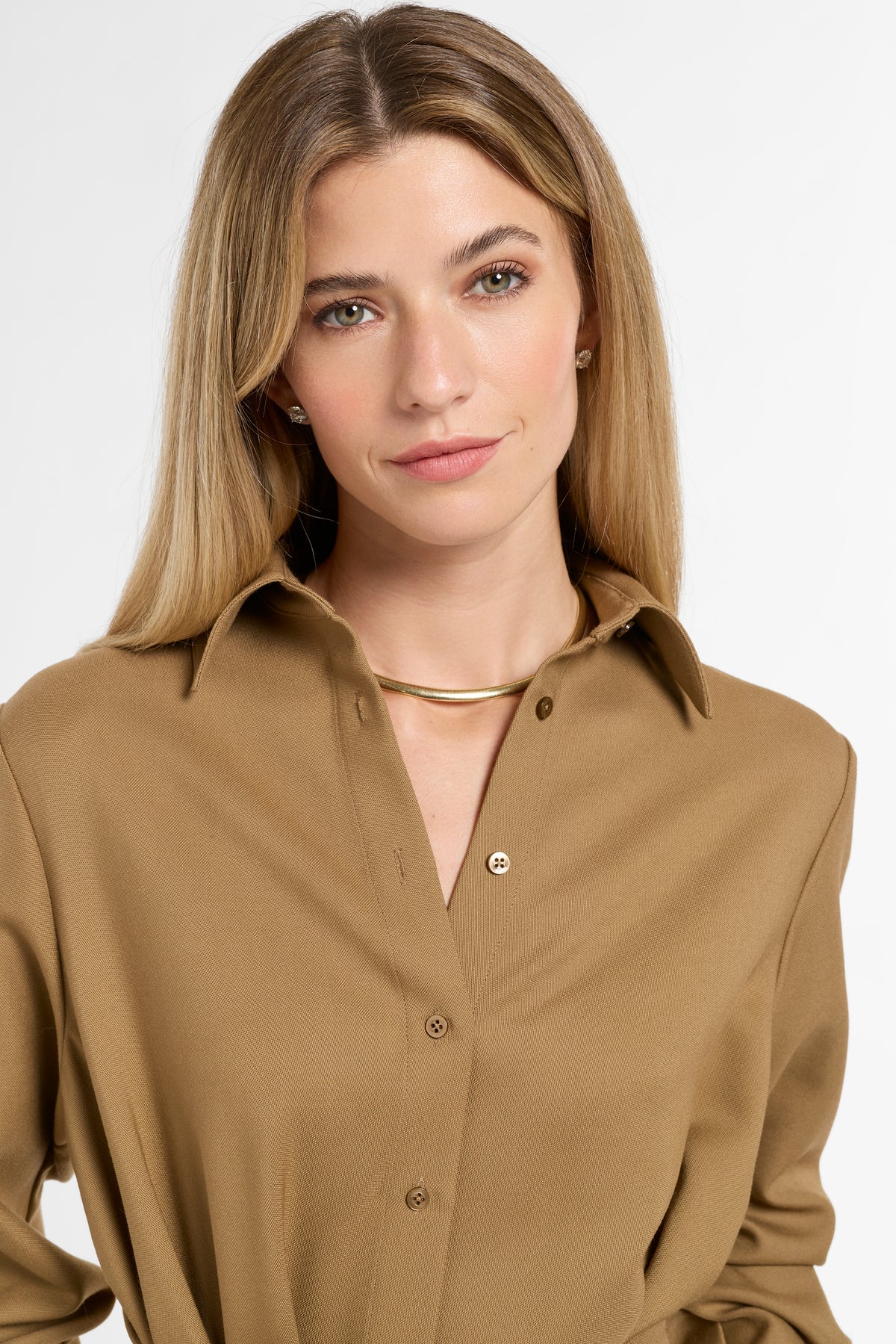 Eleanor Shirt Dress in Cognac Virgin Wool, close-up detail | Eleanor Leftwich