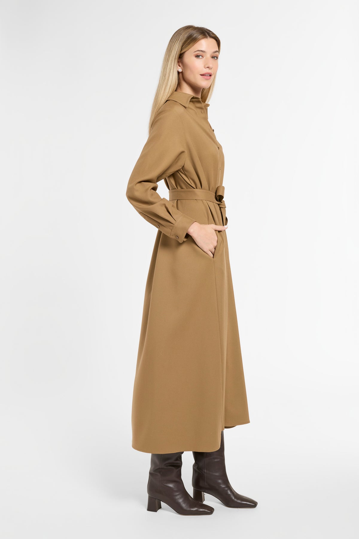 Eleanor Shirt Dress in Cognac Virgin Wool, side view | Eleanor Leftwich
