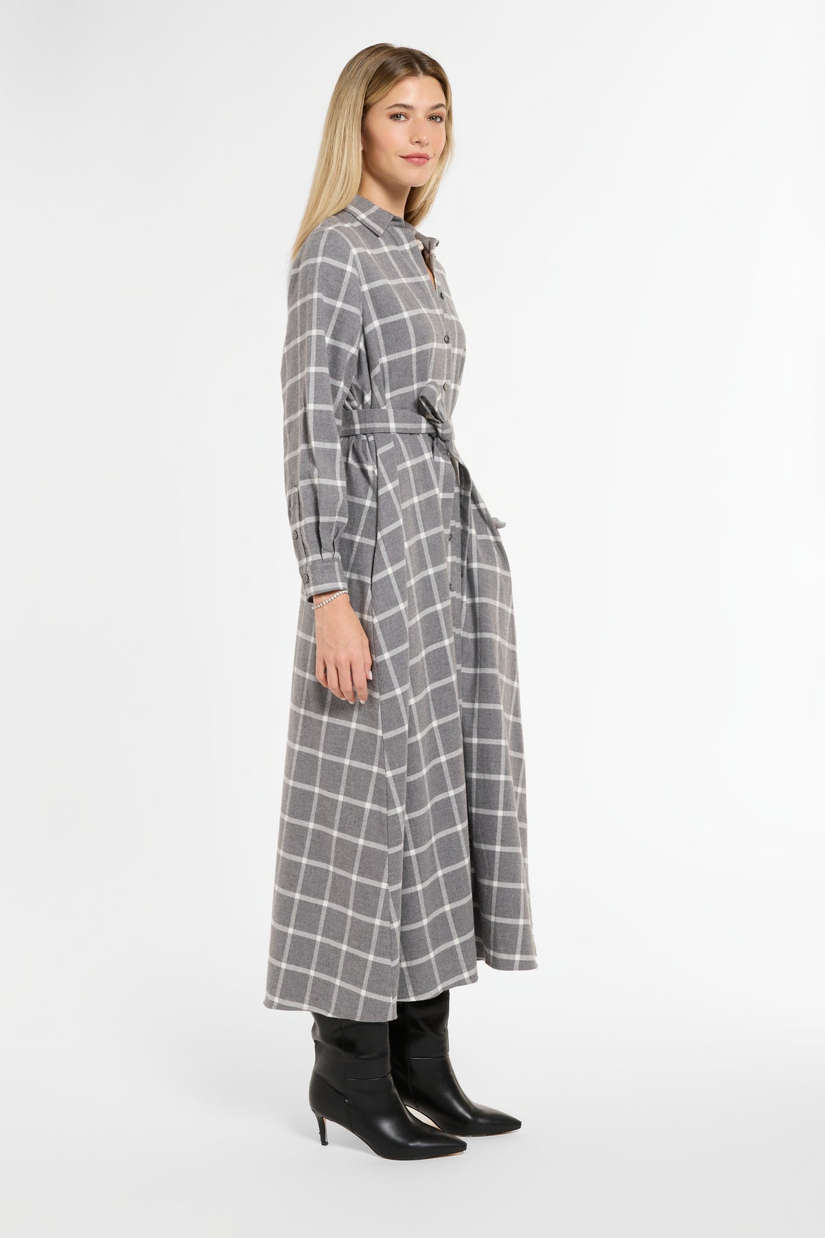 Eleanor Shirt Dress in Grey Flannel, side view | Eleanor Leftwich