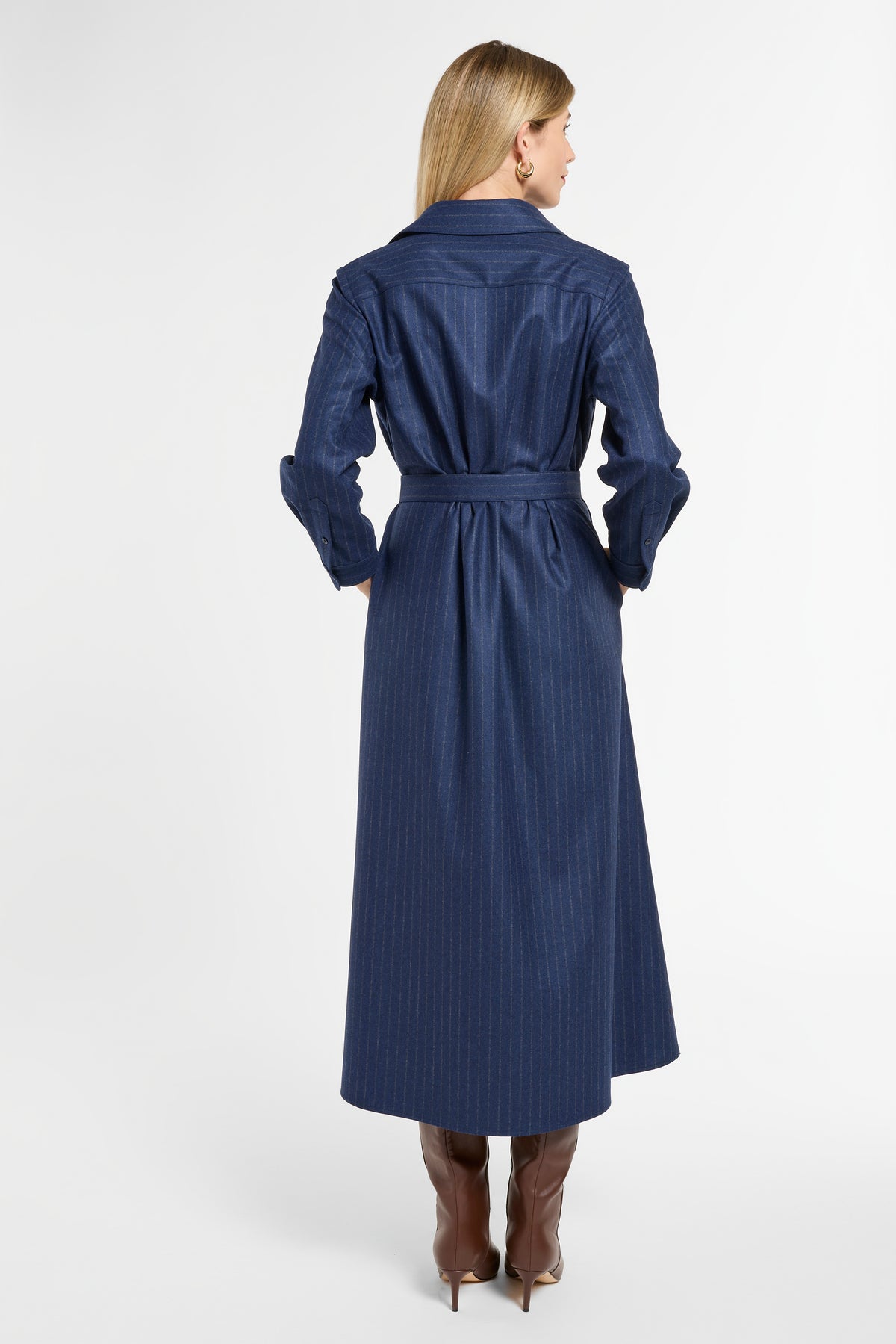 Eleanor Shirt Dress in Midnight Chalk Stripe, back view | Eleanor Leftwich