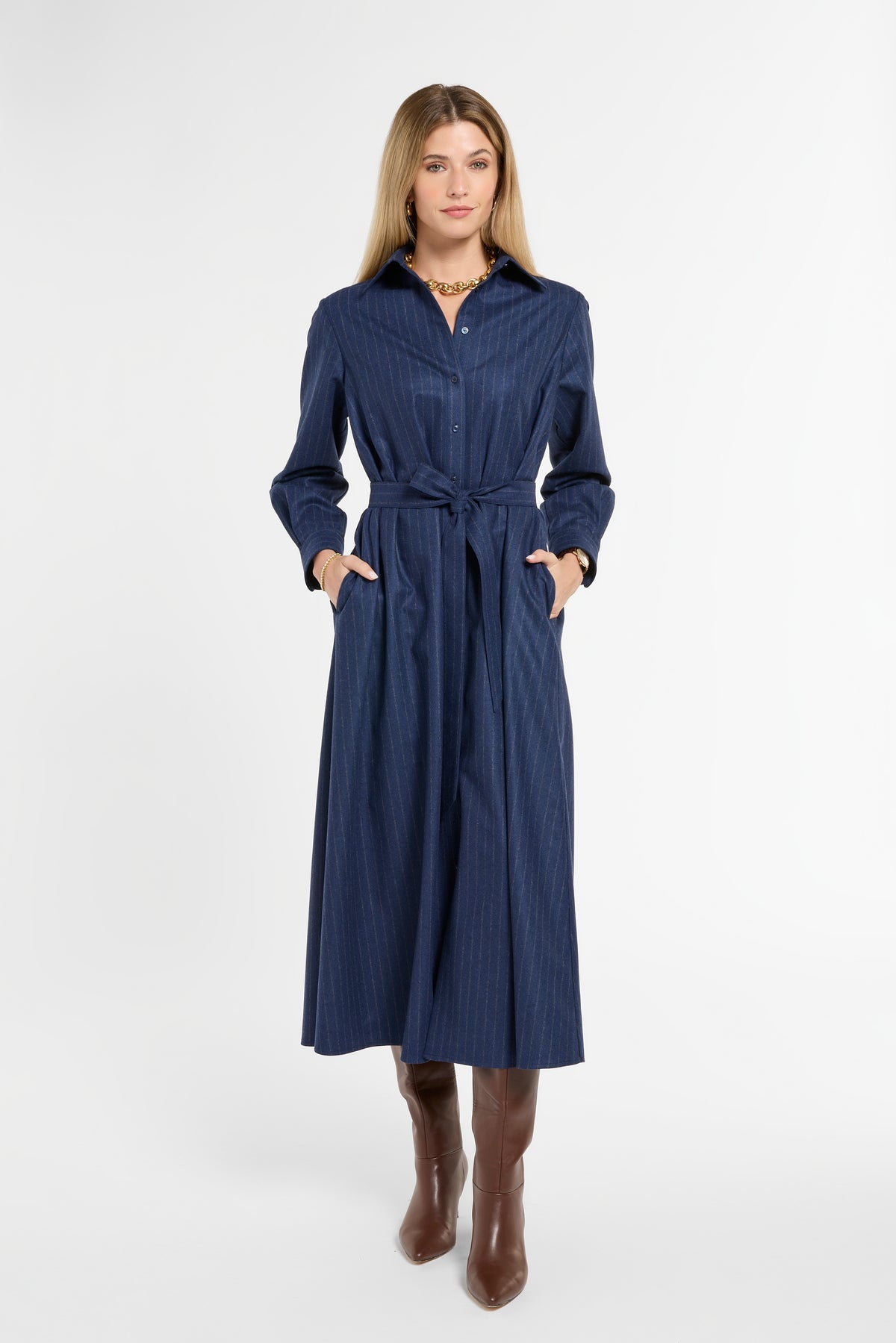 Eleanor Shirt Dress in Midnight Chalk Stripe, front view | Eleanor Leftwich