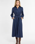 Eleanor Shirt Dress in Midnight Chalk Stripe, front view | Eleanor Leftwich