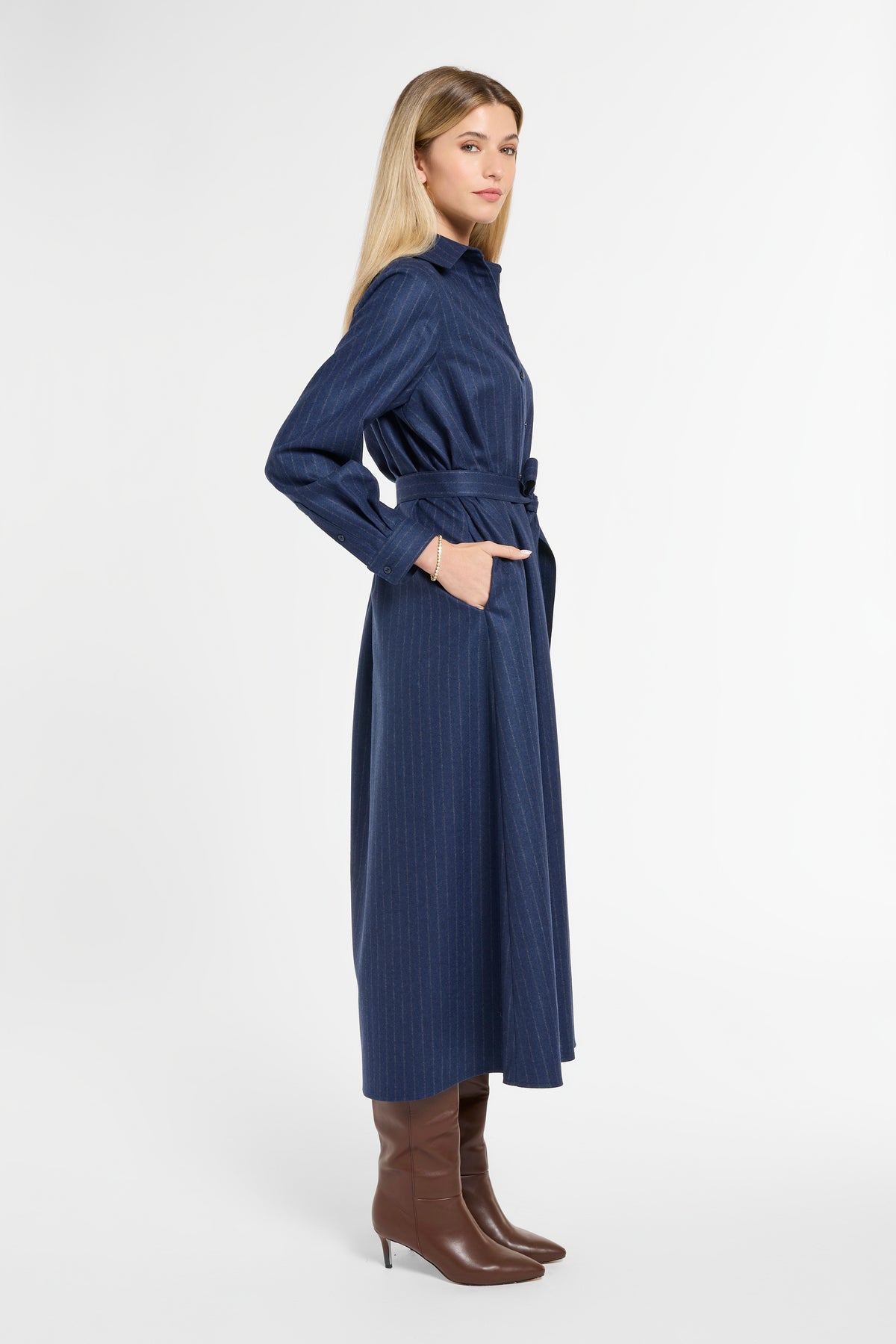 Eleanor Shirt Dress in Midnight Chalk Stripe, side view | Eleanor Leftwich