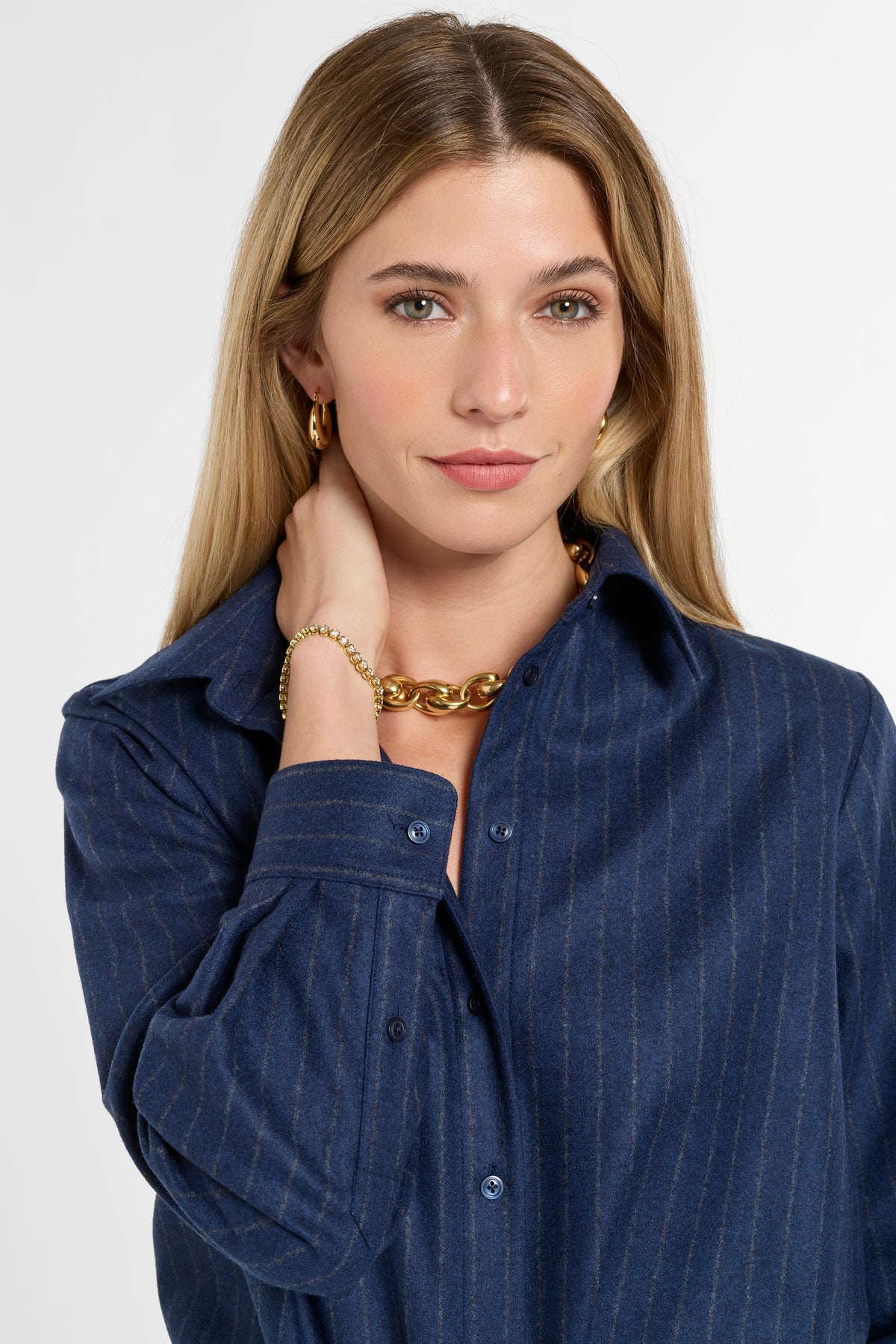 Eleanor Shirt in Midnight Chalk Stripe, close-up detail | Eleanor Leftwich