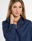 Eleanor Shirt in Midnight Chalk Stripe, close-up detail | Eleanor Leftwich