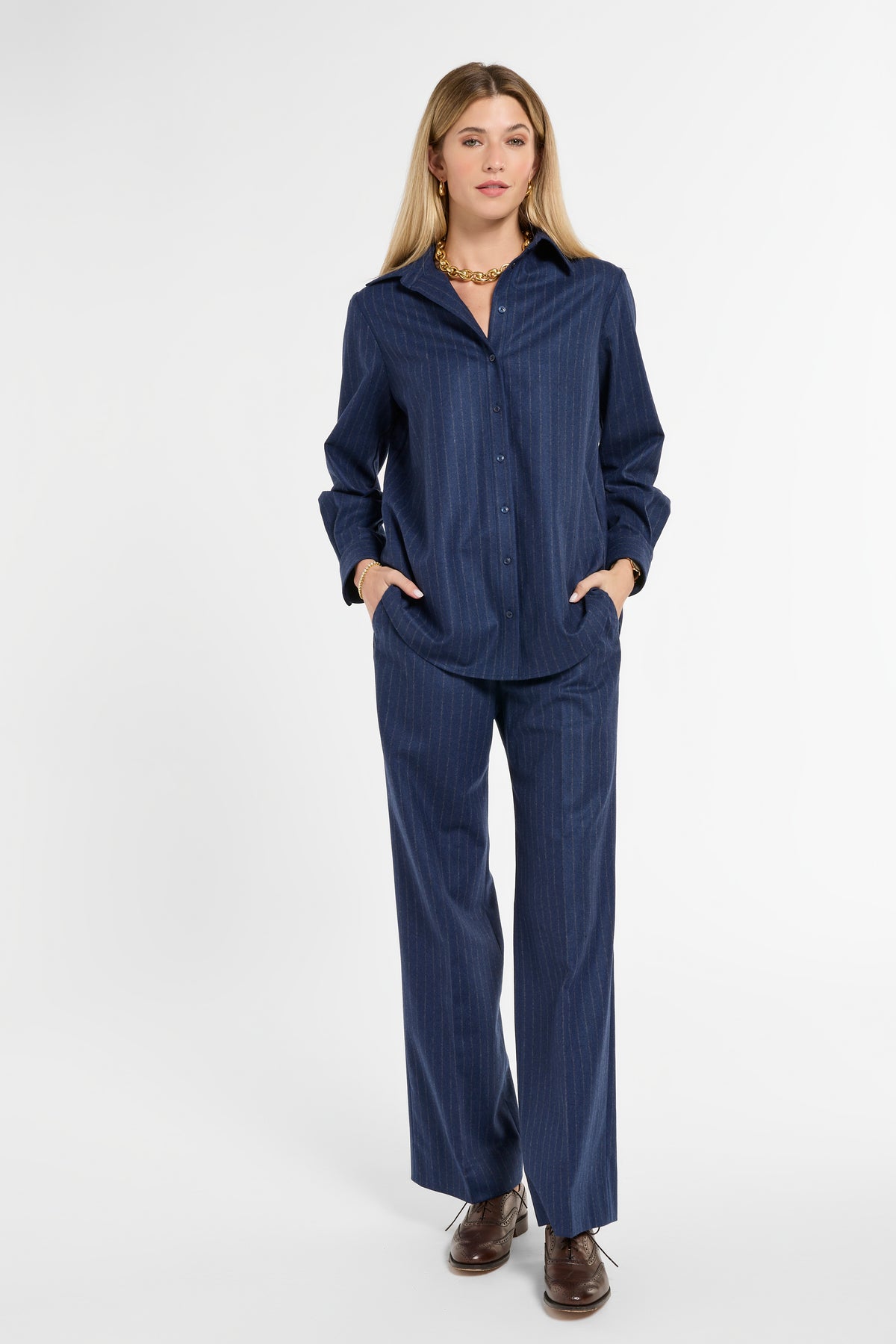 Eleanor Shirt in Midnight Chalk Stripe, front view | Eleanor Leftwich