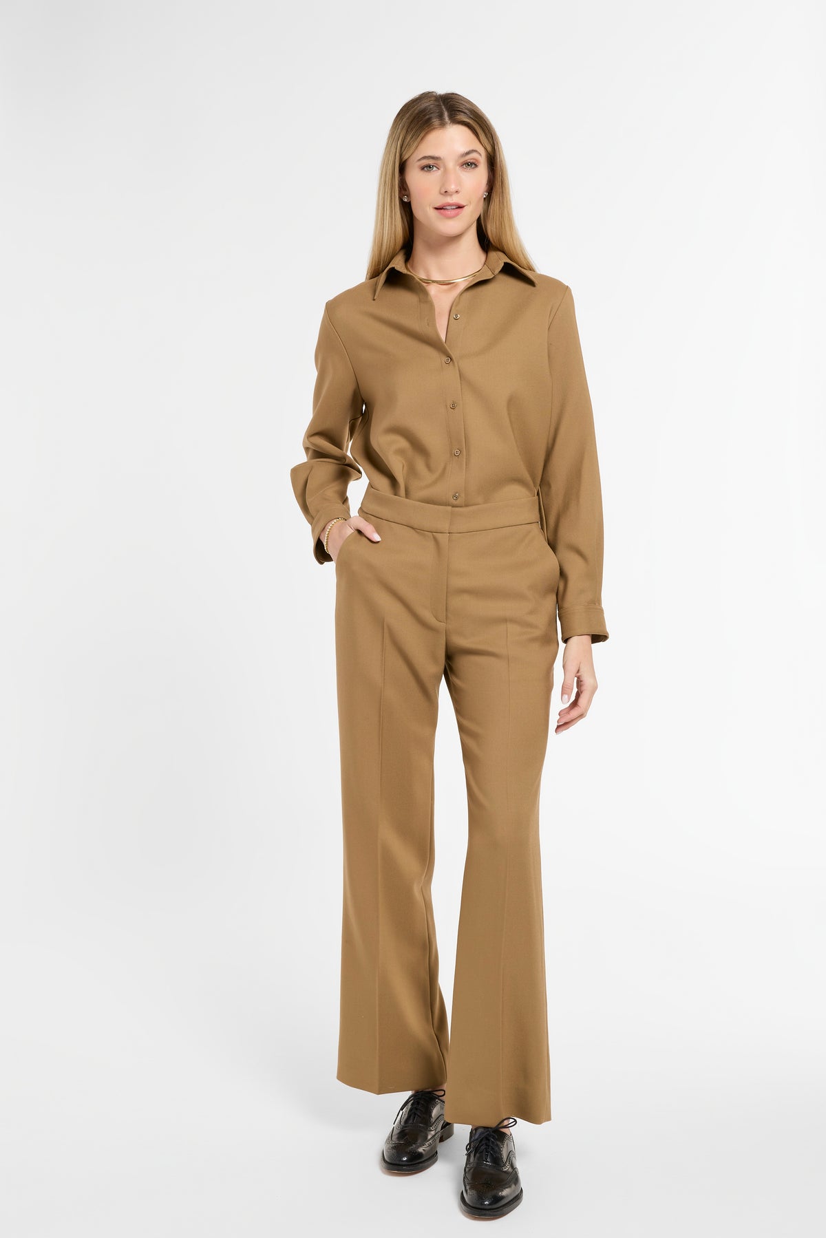 Ellis Pants in Cognac Virgin Wool, front view | Eleanor Leftwich