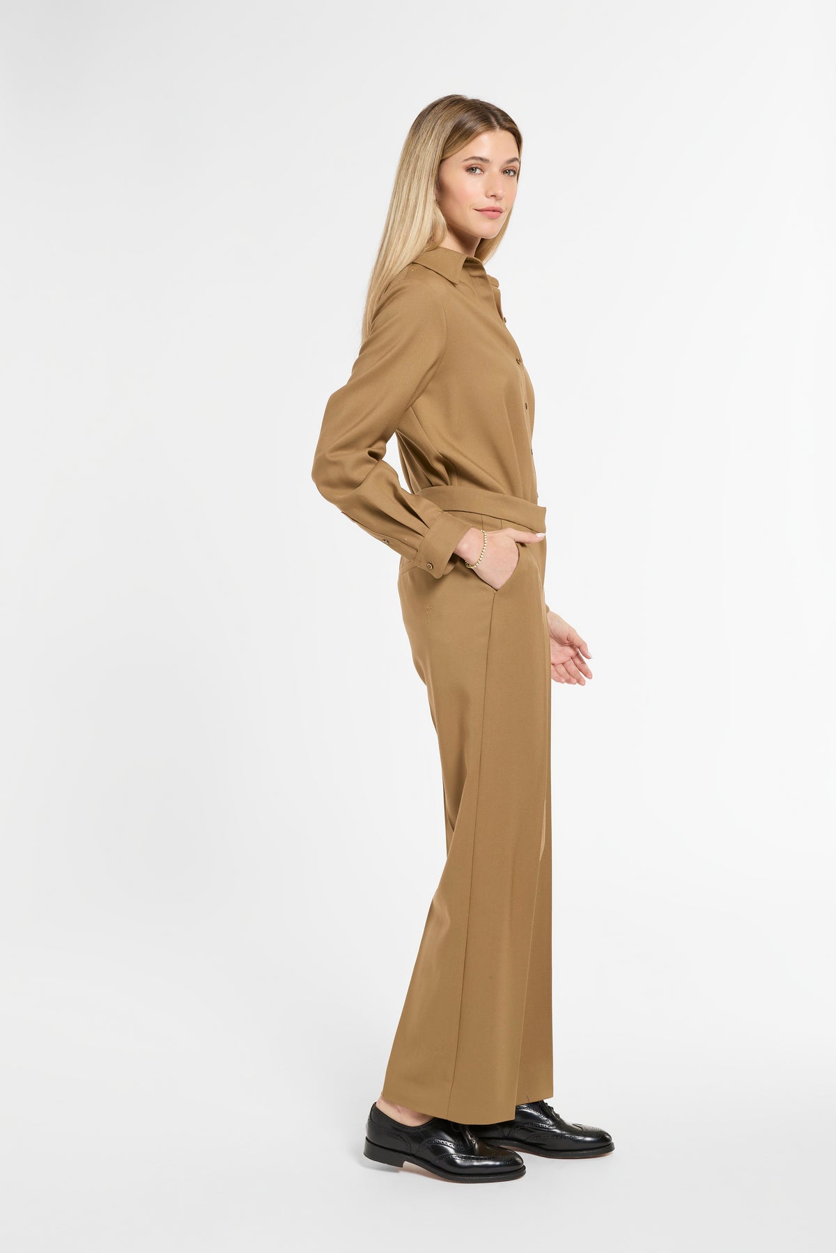 Ellis Pants in Cognac Virgin Wool, side view | Eleanor Leftwich