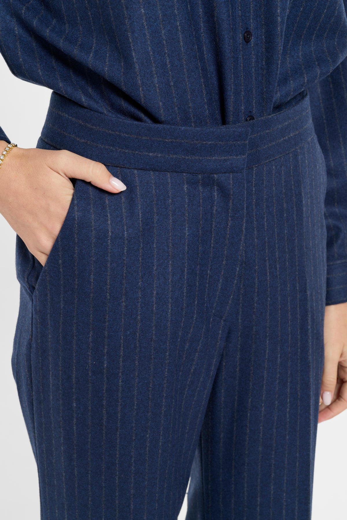 Ellis Pants in Midnight Chalk Stripe, close-up detail | Eleanor Leftwich