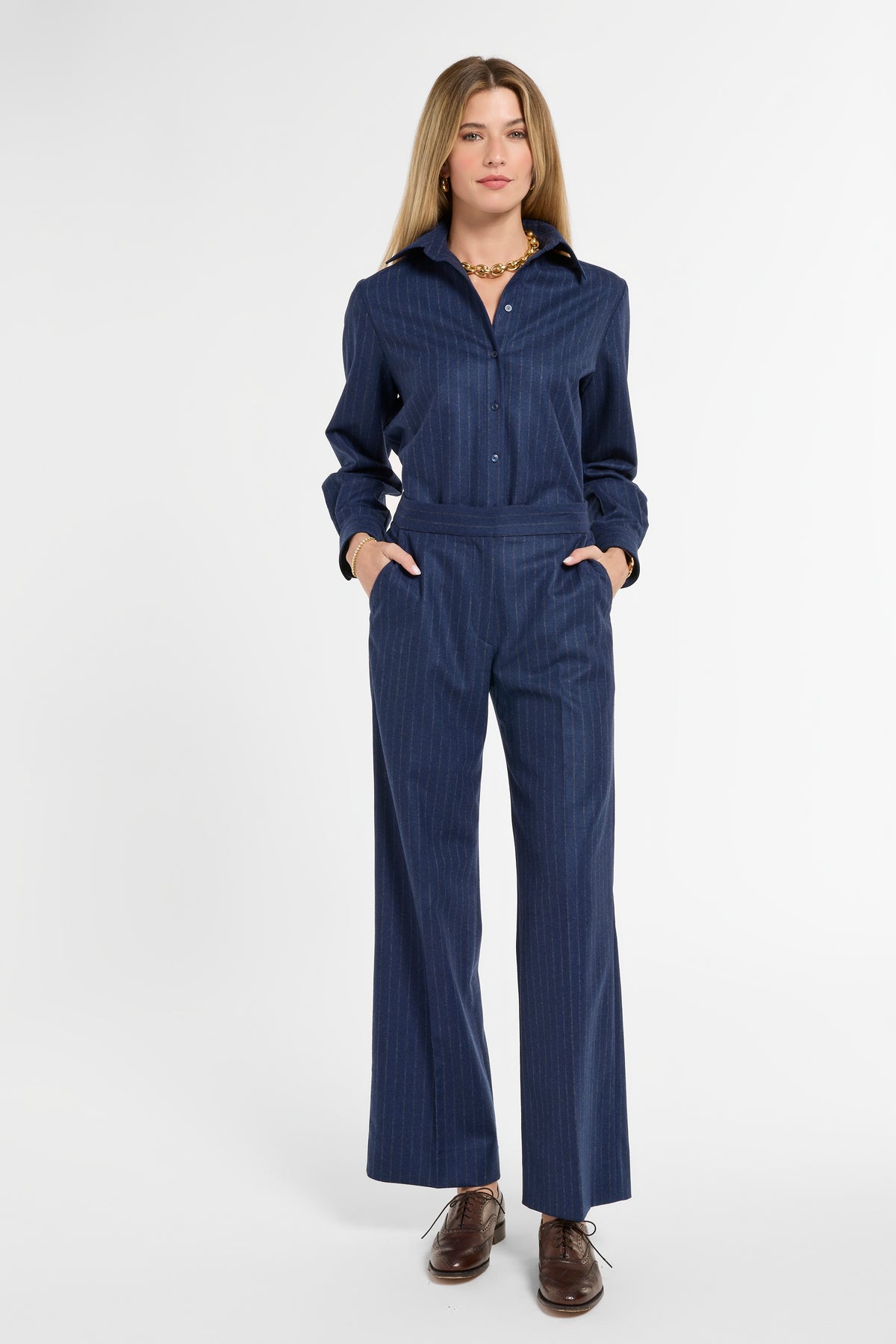 Ellis Pants in Midnight Chalk Stripe, front view | Eleanor Leftwich
