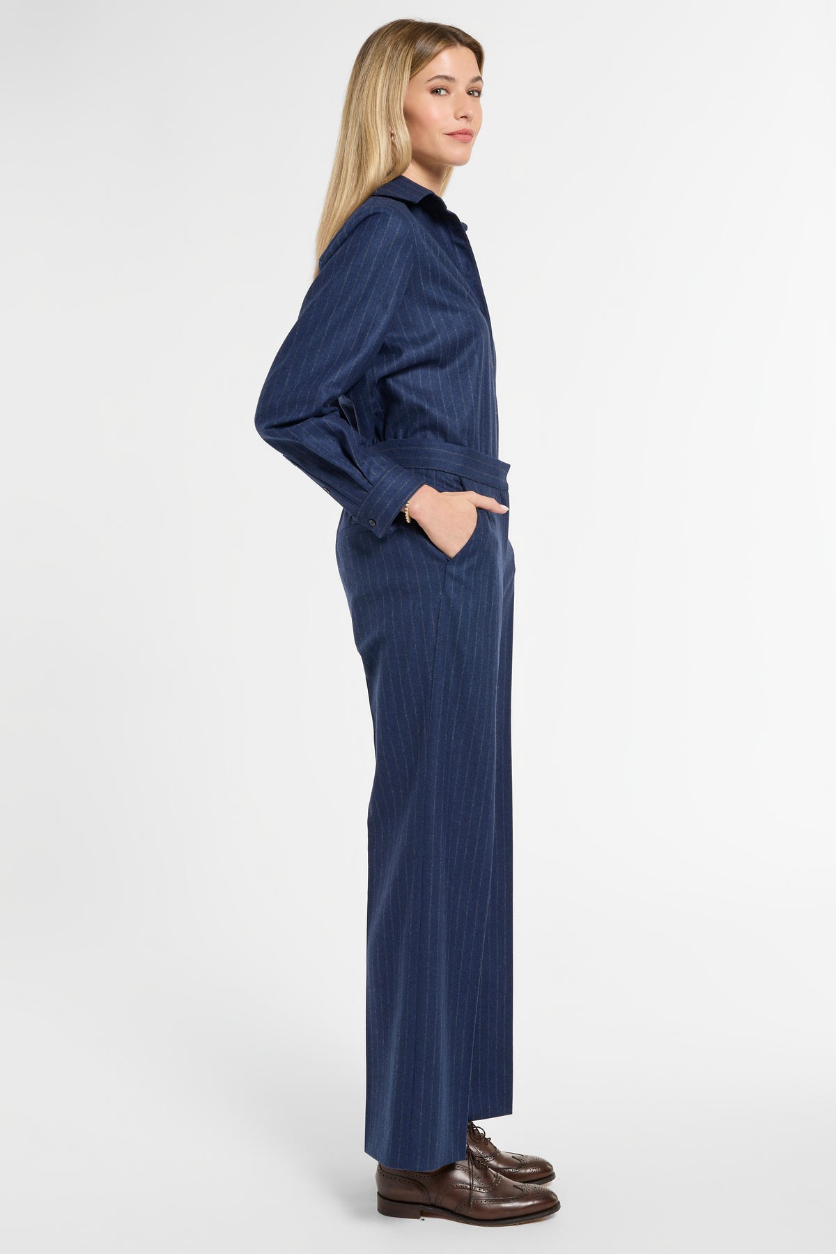 Ellis Pants in Midnight Chalk Stripe, side view | Eleanor Leftwich