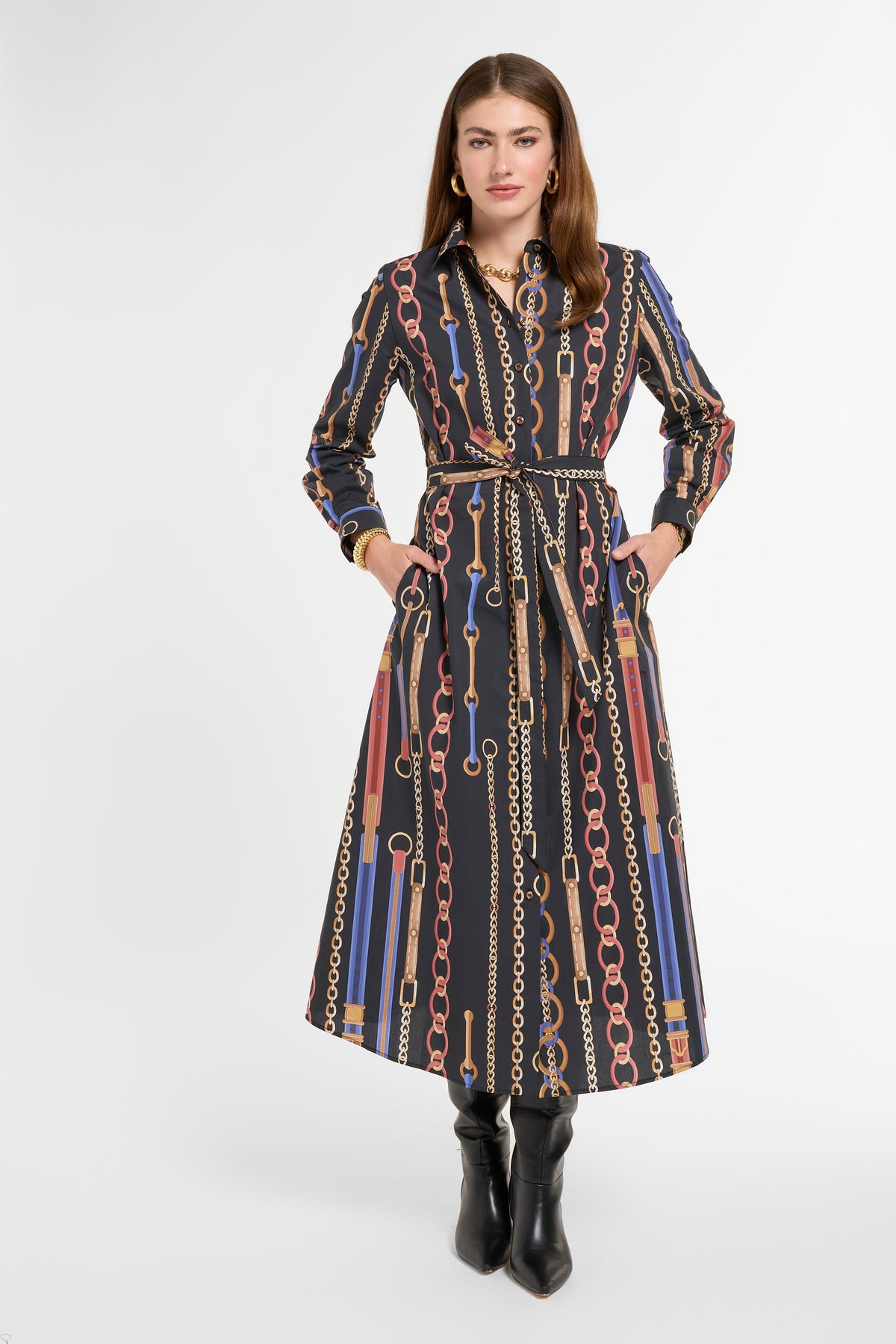 Jackie Shirt Dress in Chain Print, front view | Eleanor Leftwich