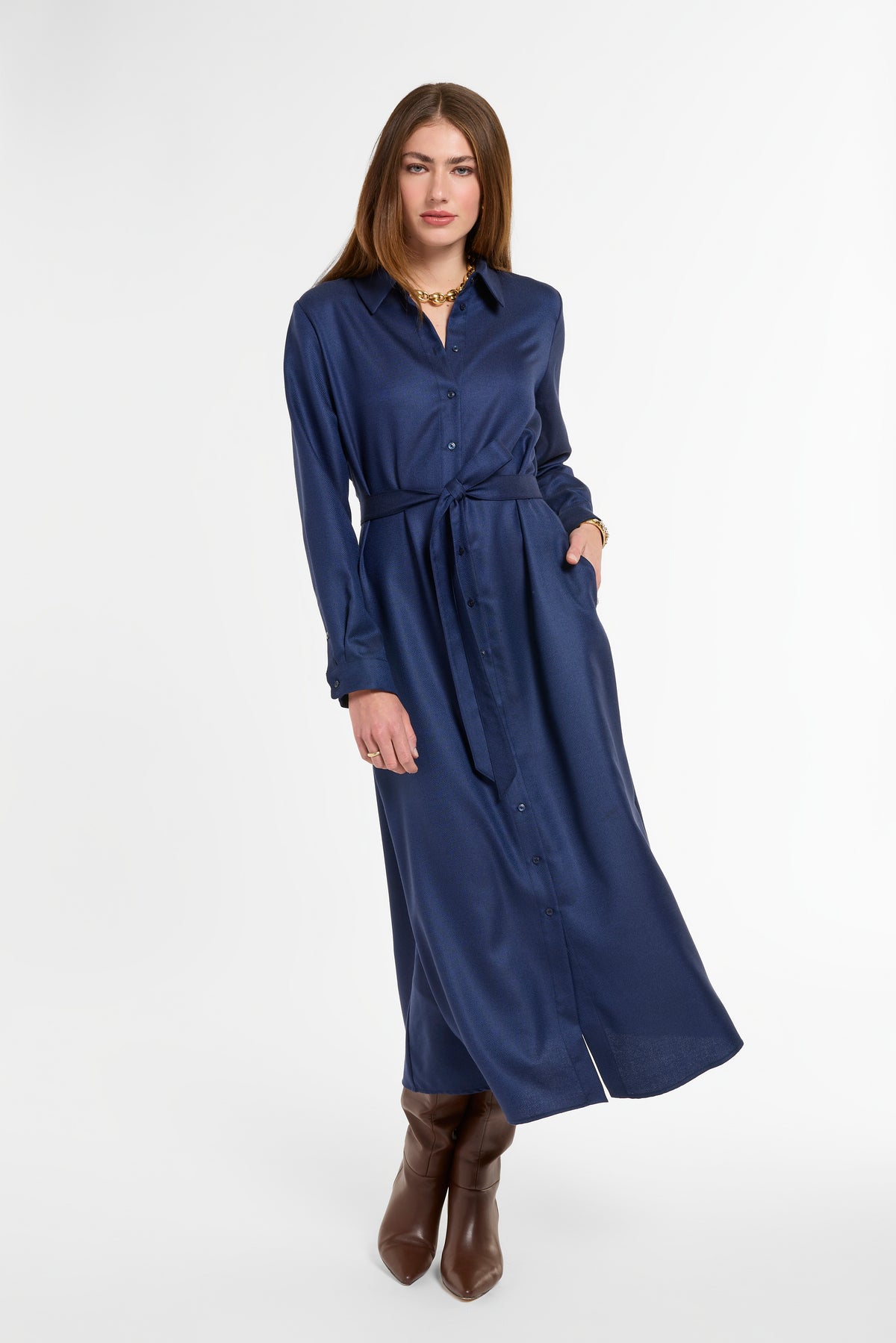 Jackie Shirt Dress in Navy Cashmere Silk, front view | Eleanor Leftwich