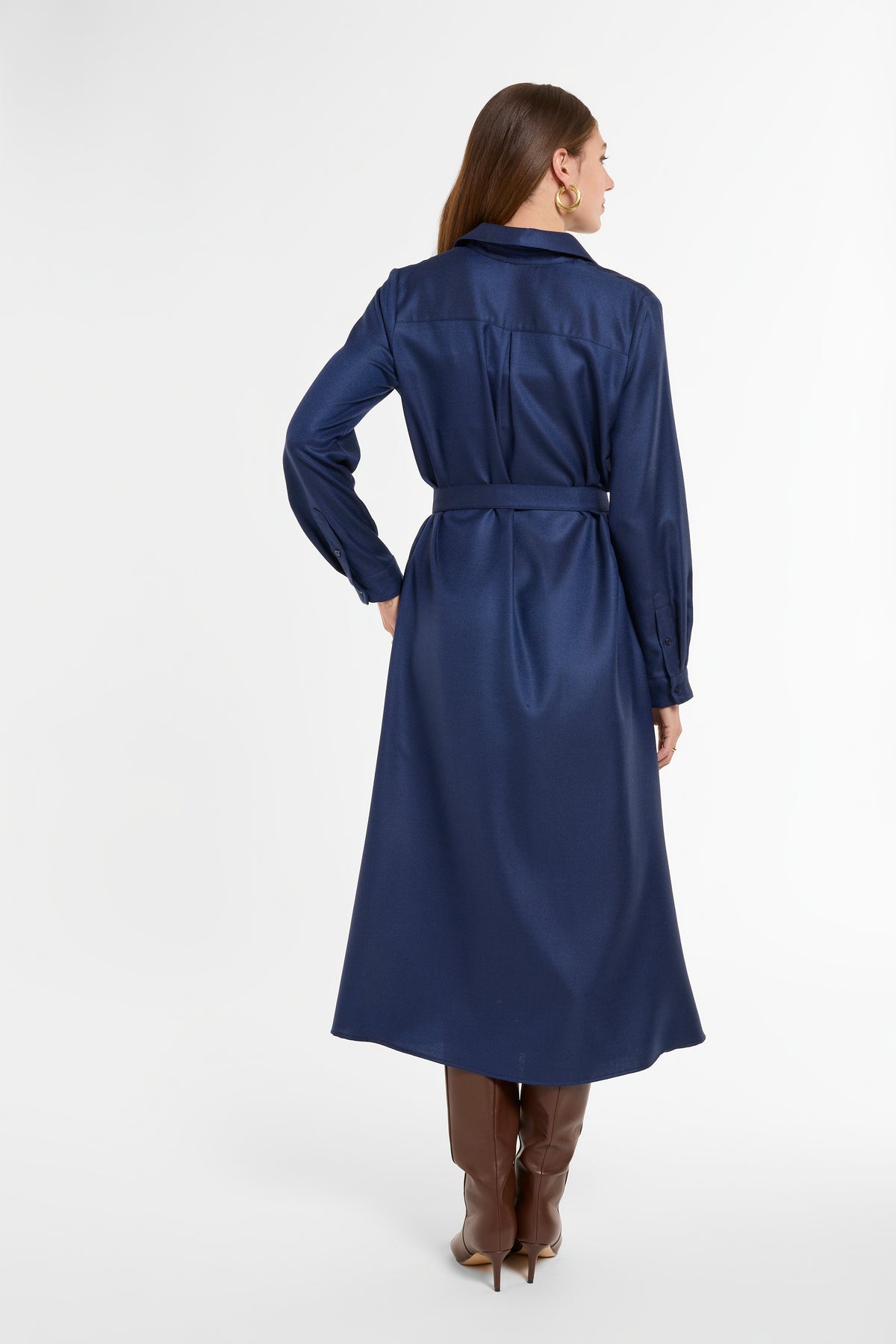 Jackie Shirt Dress in Navy Cashmere Silk, back view | Eleanor Leftwich