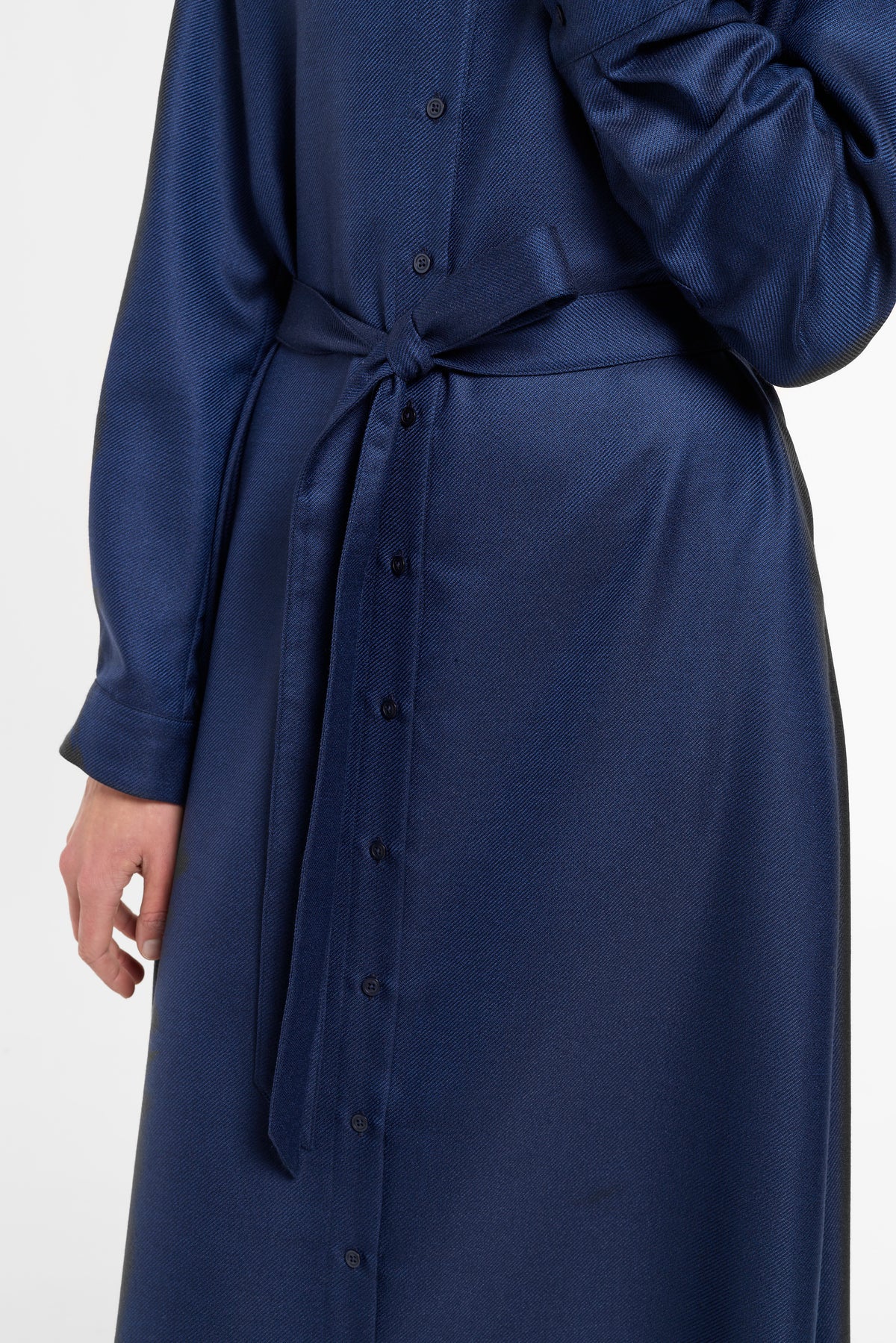 Jackie Shirt Dress in Navy Cashmere Silk, close-up detail | Eleanor Leftwich