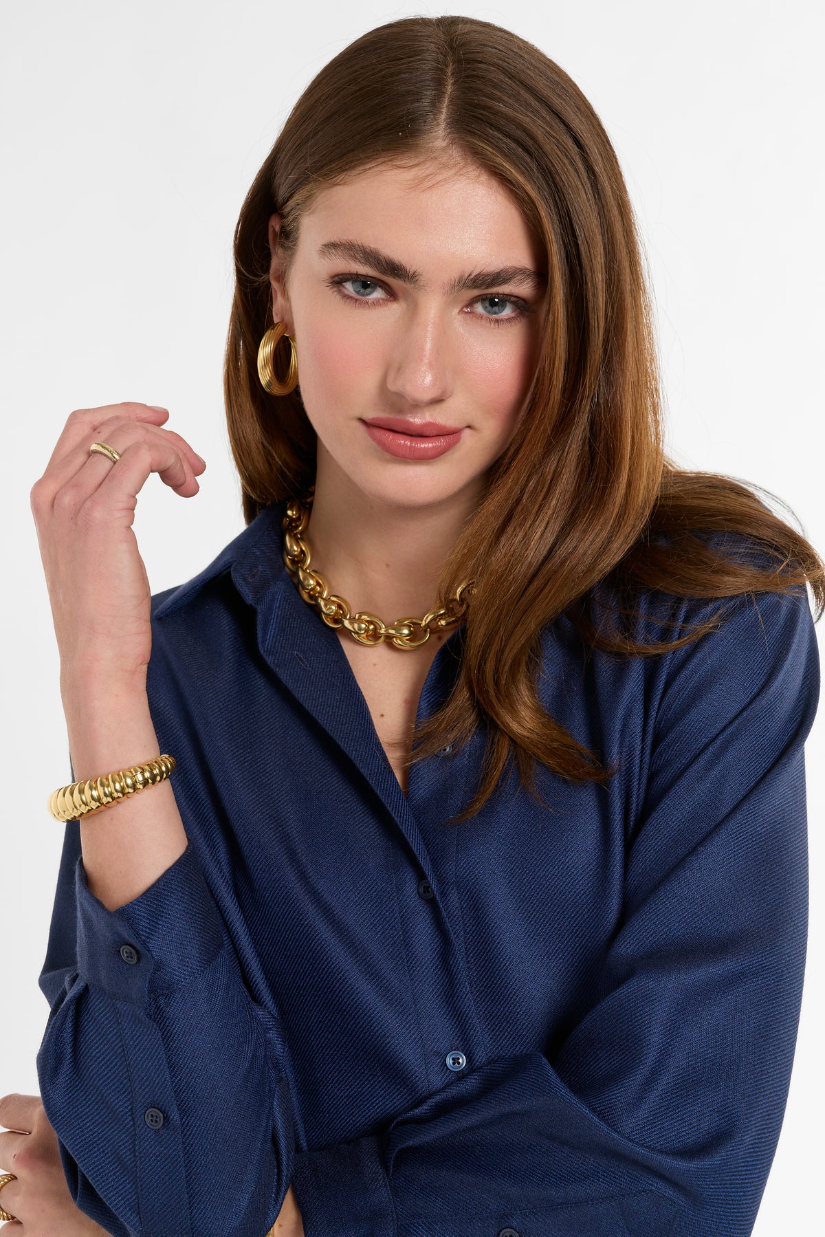 Jackie Shirt in Navy Cashmere Silk, close-up detail | Eleanor Leftwich