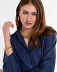 Jackie Shirt in Navy Cashmere Silk, close-up detail | Eleanor Leftwich