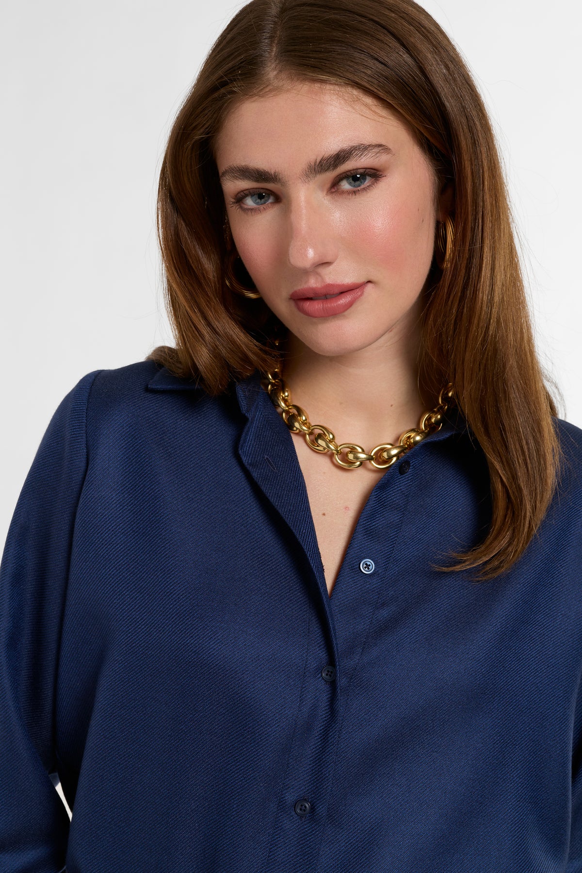 Jackie Shirt in Navy Cashmere Silk, close-up detail | Eleanor Leftwich