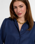 Jackie Shirt in Navy Cashmere Silk, close-up detail | Eleanor Leftwich