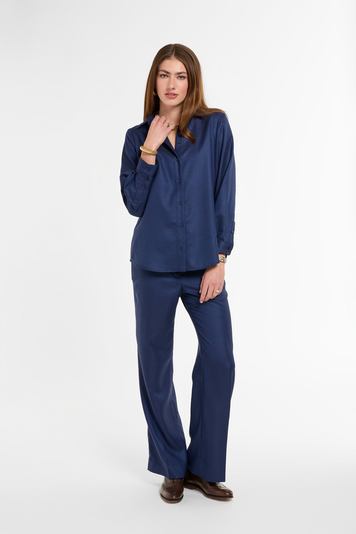 Jackie Shirt in Navy Cashmere Silk, front view | Eleanor Leftwich