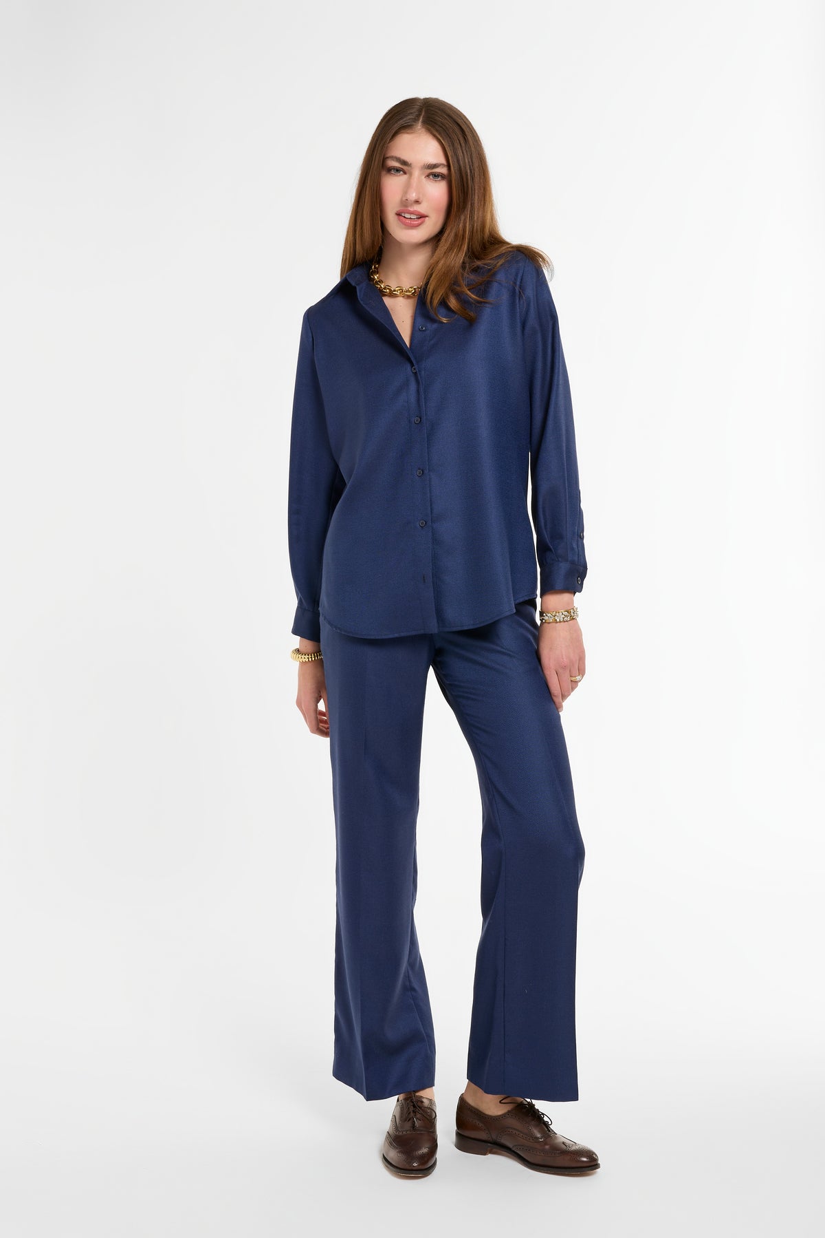 Jackie Shirt in Navy Cashmere Silk, front view | Eleanor Leftwich