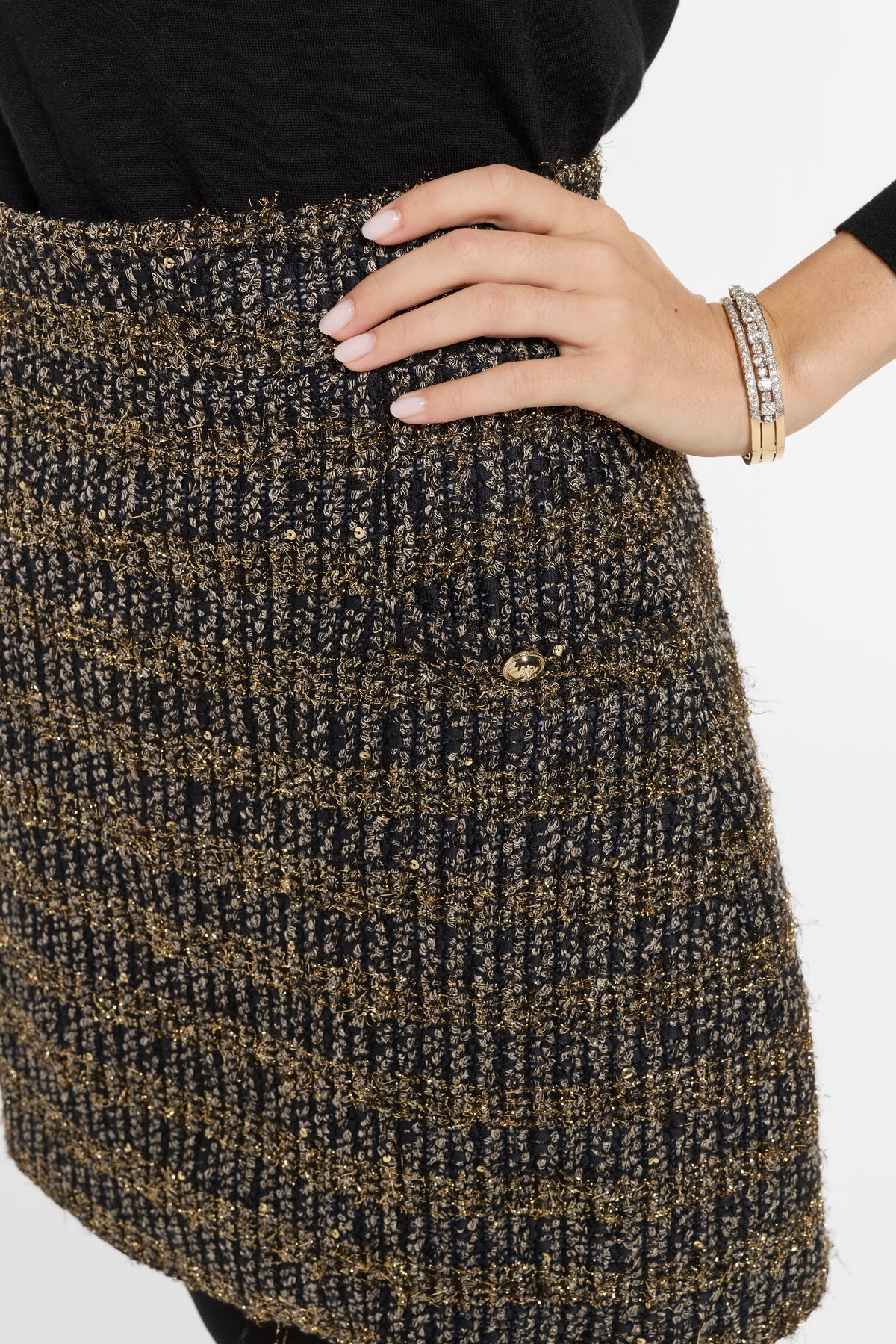 Meg Mini Skirt in Black & Gold, close-up detail | Eleanor Leftwich
