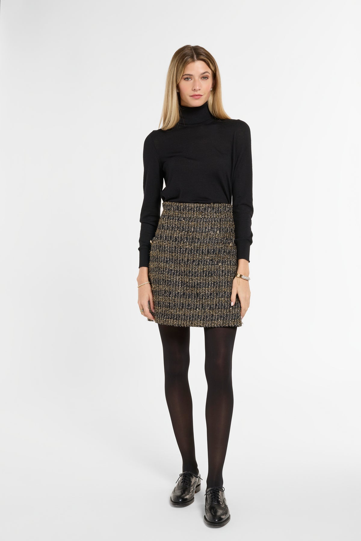 Meg Mini Skirt in Black & Gold, front view | Eleanor Leftwich