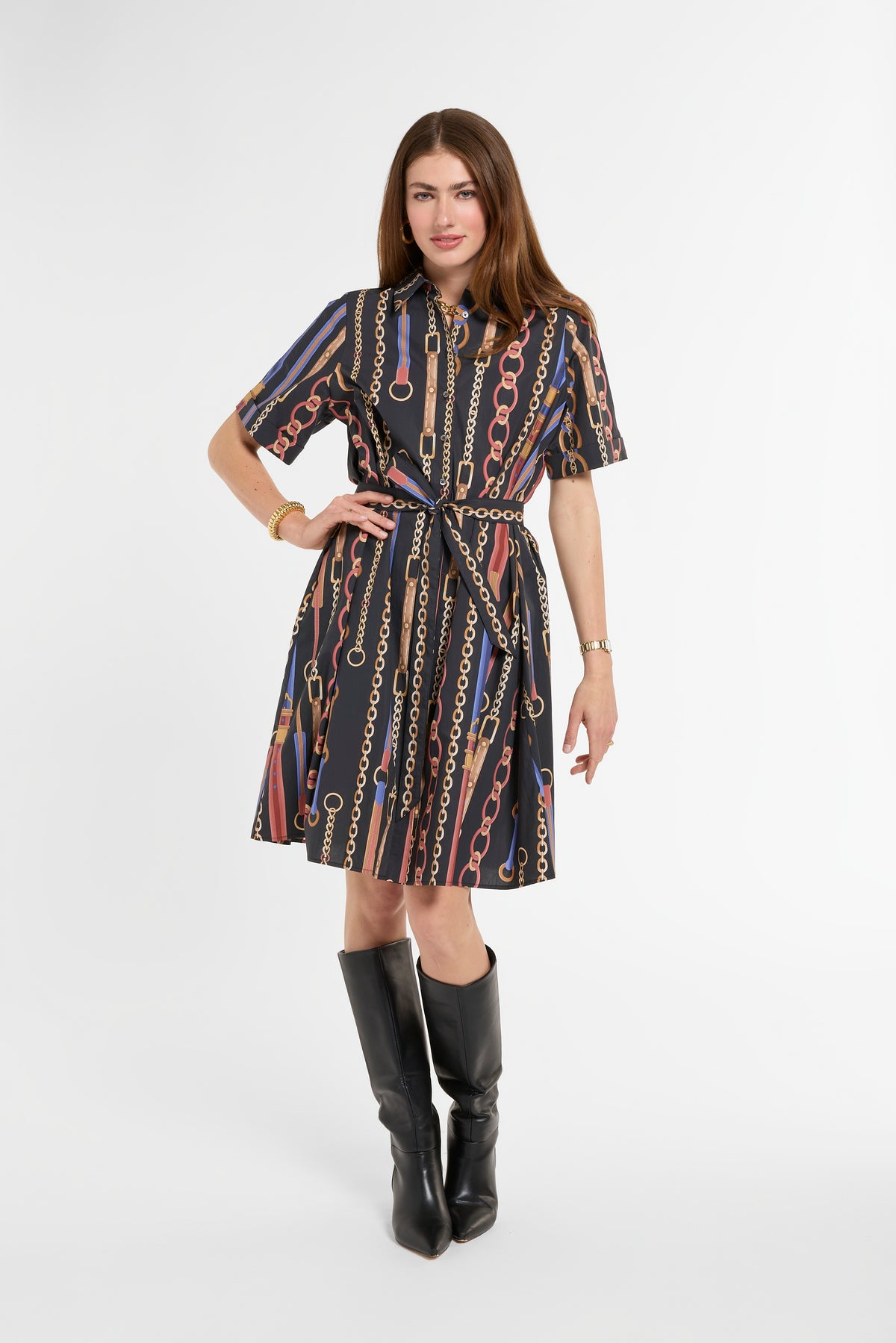 Michele Dress in Chain Print, front view | Eleanor Leftwich