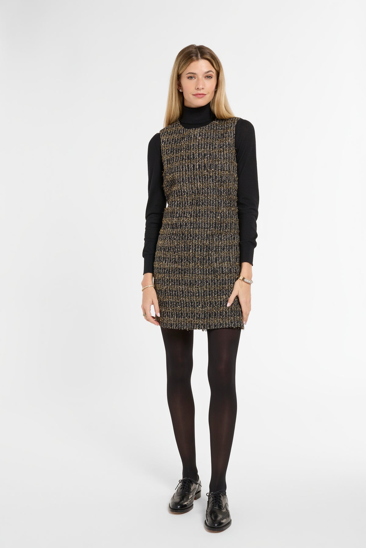 Mini Harriet Dress in Black & Gold, front view | Eleanor Leftwich