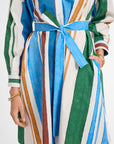 Colorful striped dress with a belt on a white background