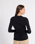 A woman shown from the back wearing a black long-sleeve cardigan top and beige trousers, standing against a light gray studio background.