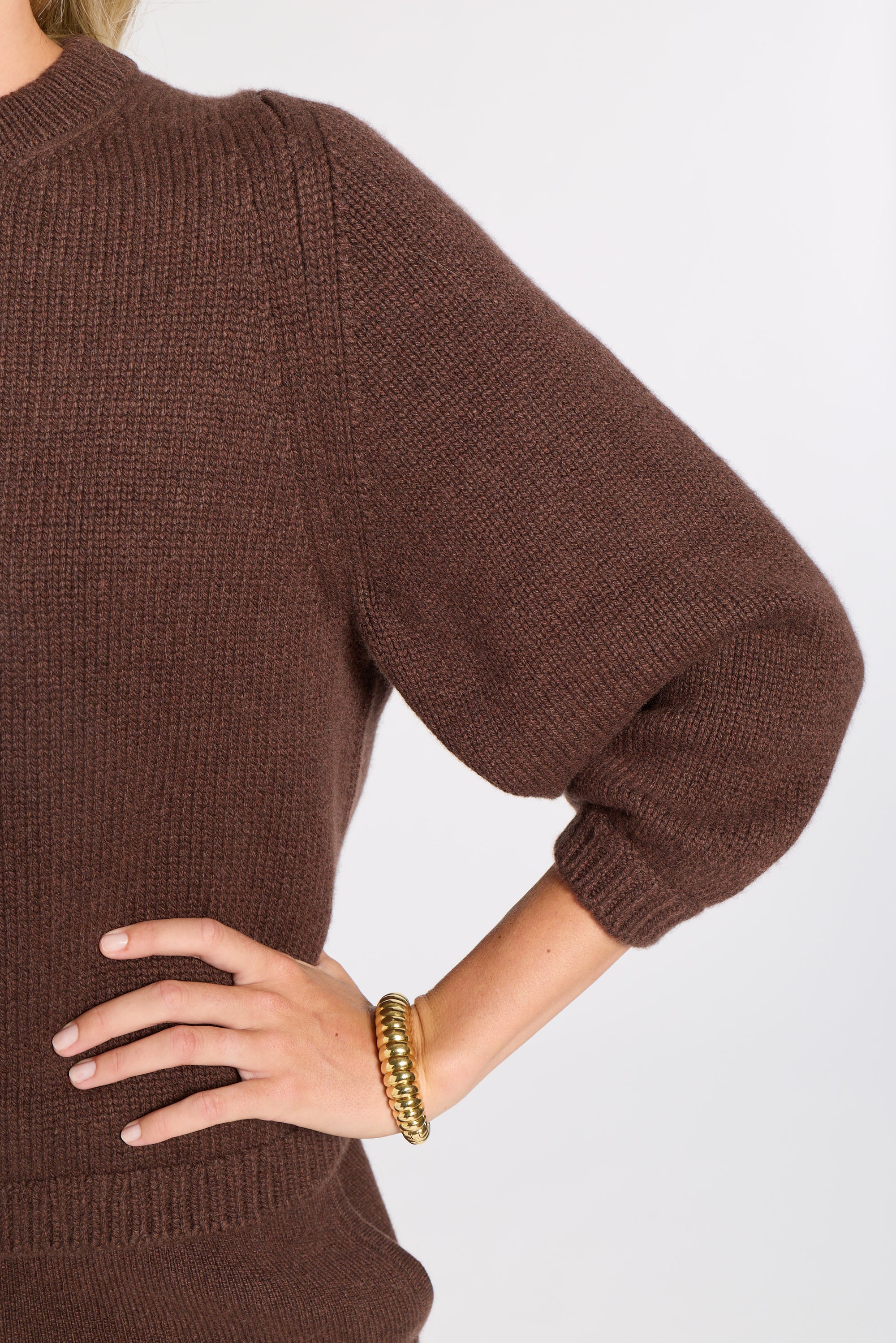 Close up of cashmere fabric on model in a studio