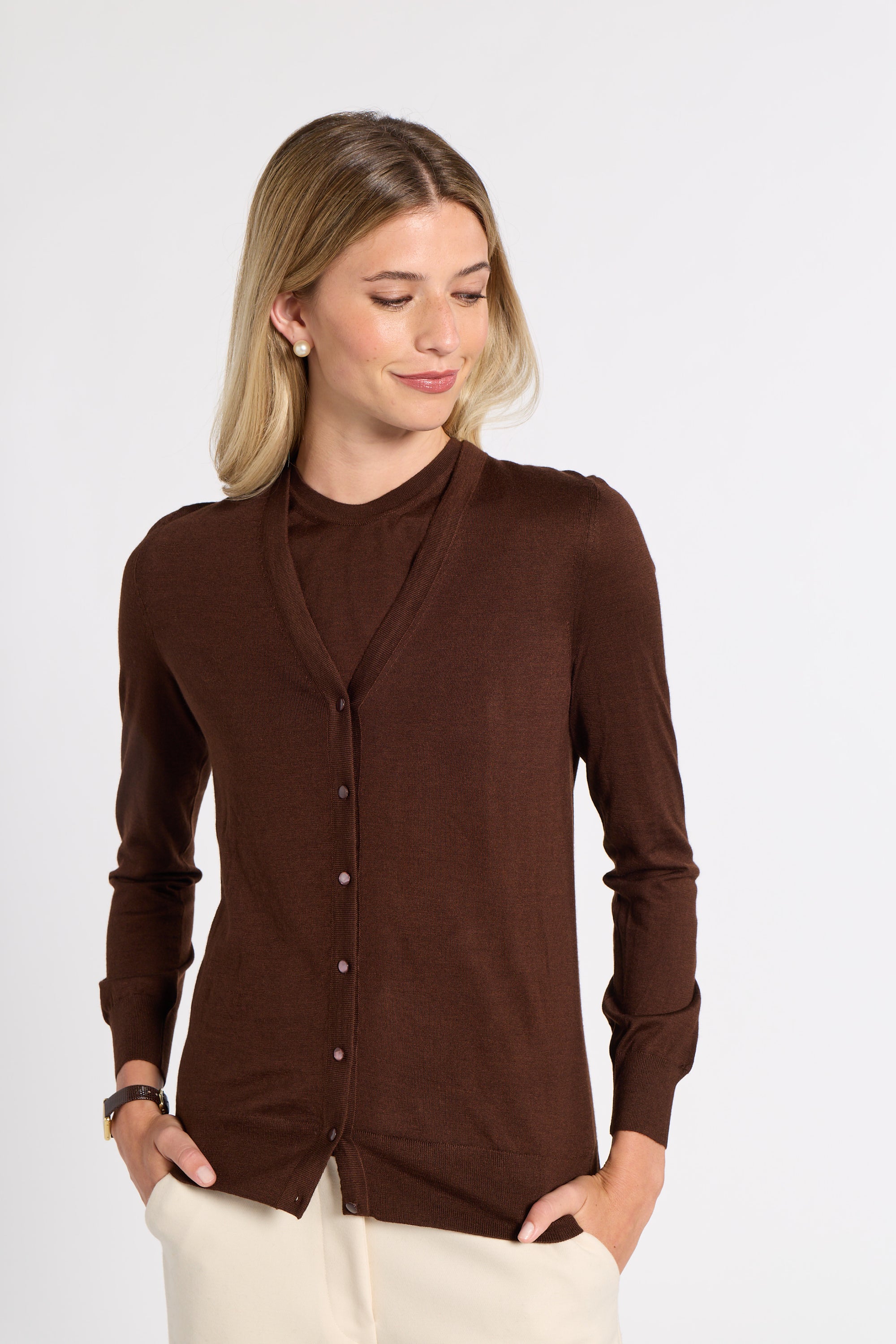 Woman modeling a brown light cashmere cardigan