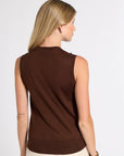brown cashmere shell on a blonde woman