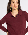 Woman modeling a burgundy polo sweater on a white background