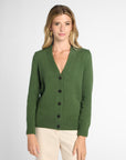 Front view: Woman wearing Forest Green v-neck button up cardigan in front of white background. 