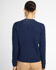A woman viewed from the back wearing a navy blue cable-knit sweater and tan trousers, against a light gray studio background.
