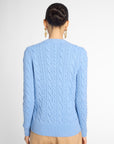 A woman viewed from the back wearing a light blue cable-knit sweater and beige trousers, standing against a plain light gray studio background.
