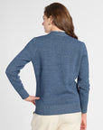 A woman shown from the back wearing a heathered blue long-sleeve knit sweater and cream pants against a light gray studio background.