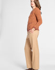 A woman modeling a rust-orange textured knit cardigan sweater, paired with beige wide-leg trousers and brown pointed-toe heels, shown in a side-profile studio shot against a light gray background.