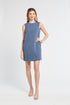 Woman wearing a blue floral mini dress on a white background