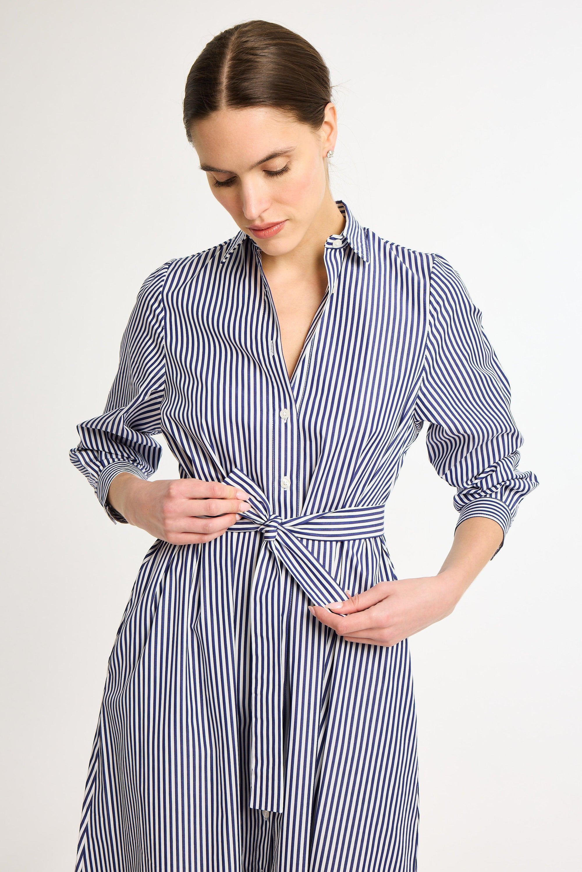 navy blue and white striped shirt dress Nadia Dress in Navy and White Classic Stripe Duffield Lane
