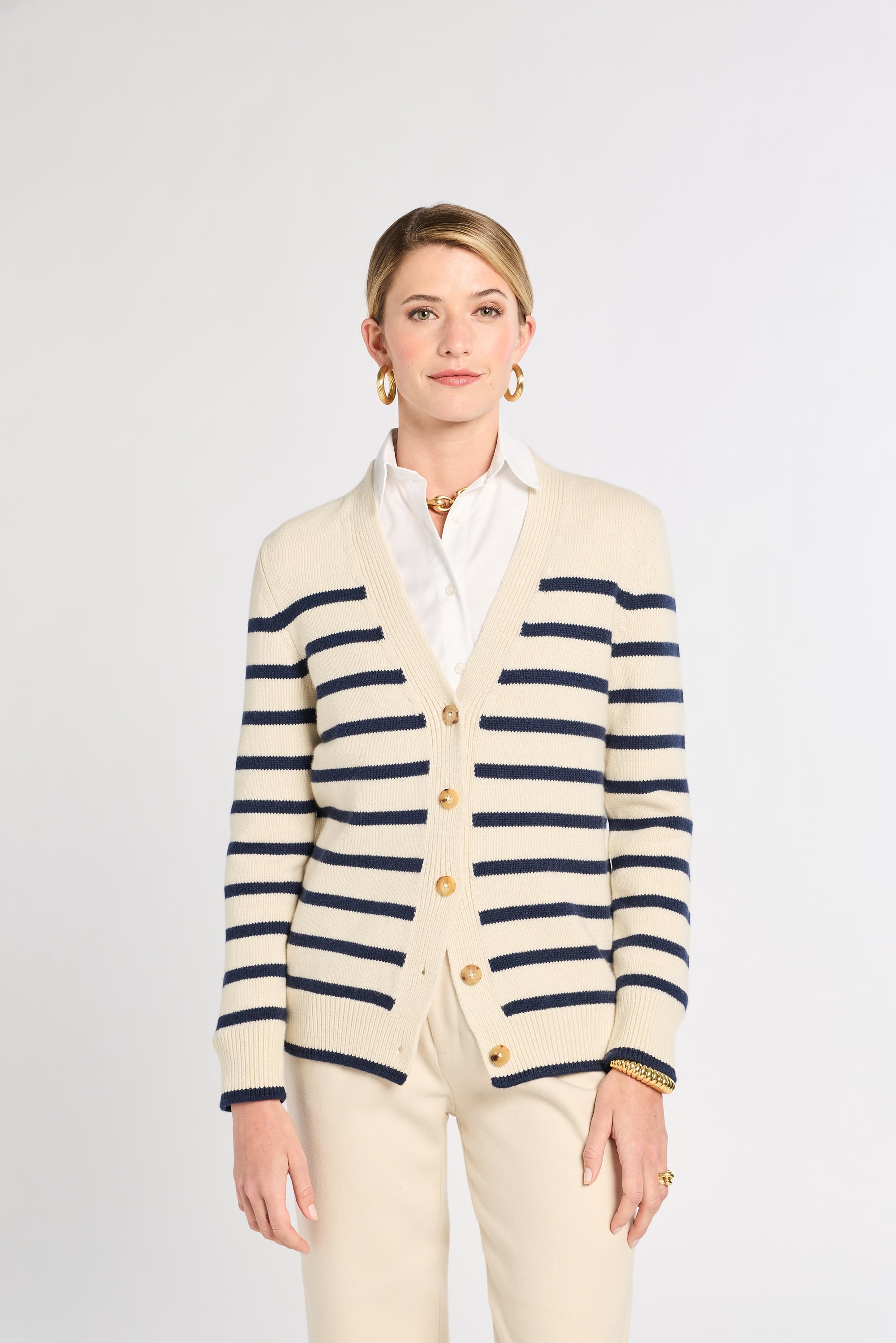 Striped Classic Cashmere Cardigan S / Cream with Navy Stripe