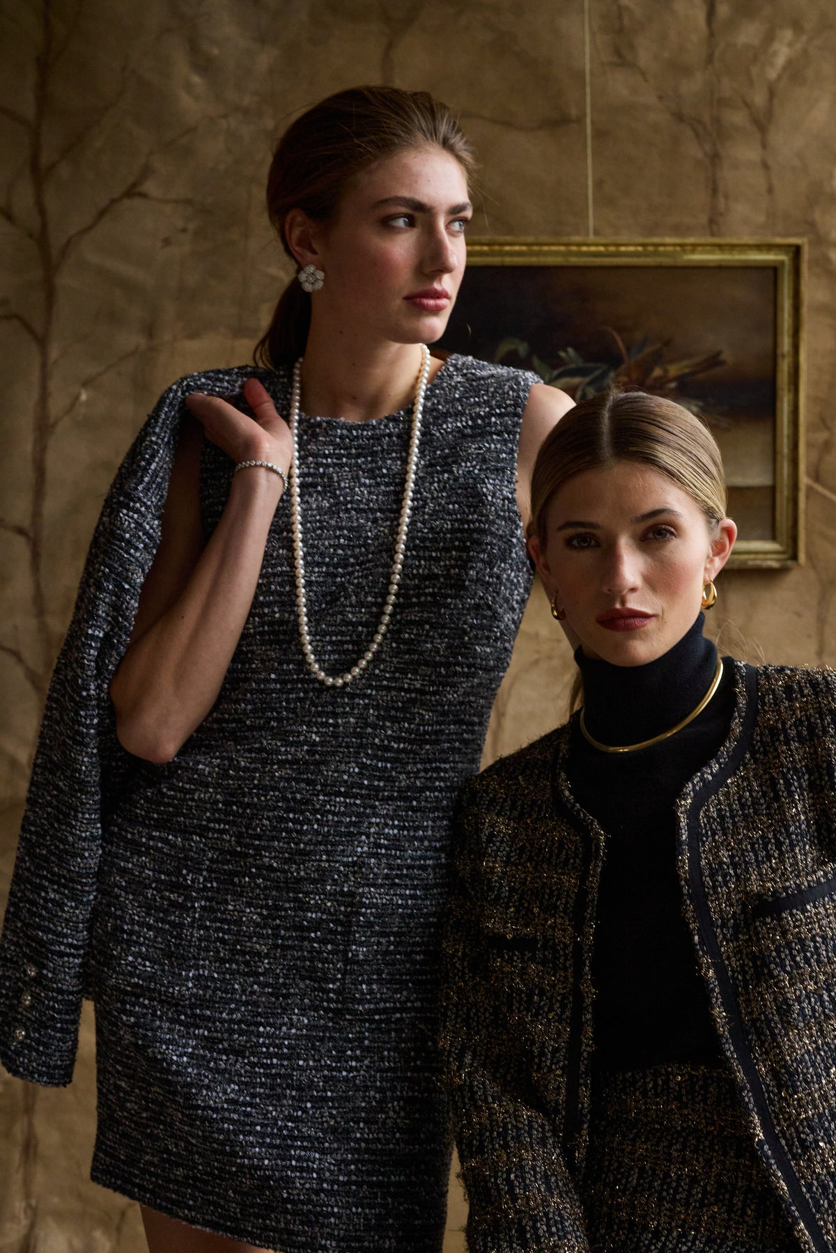 Woman modeling a gray sparkle tweed dress
