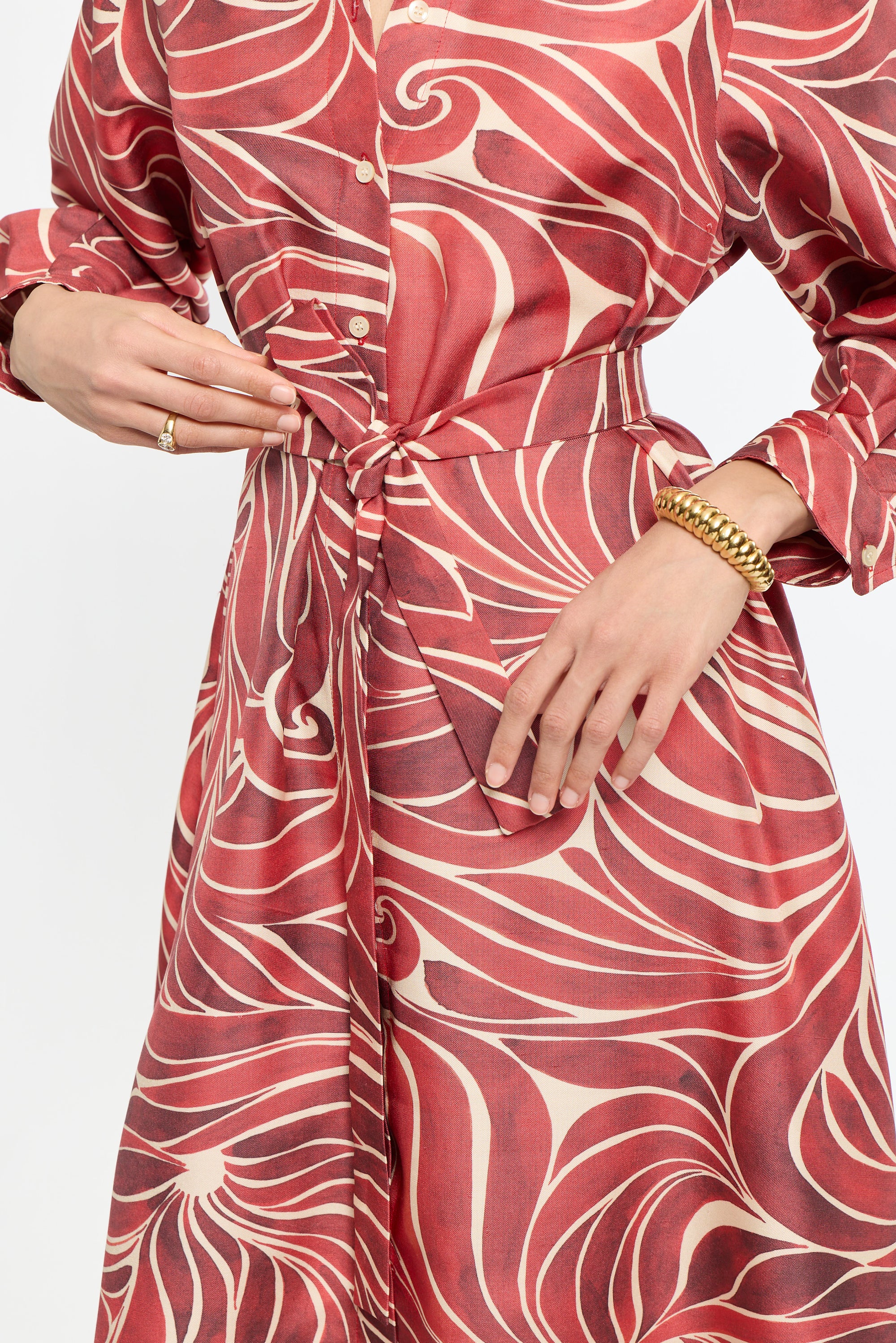 Red and white patterned dress with a white background