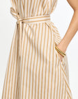 Beige and white striped dress with a belt on a white background