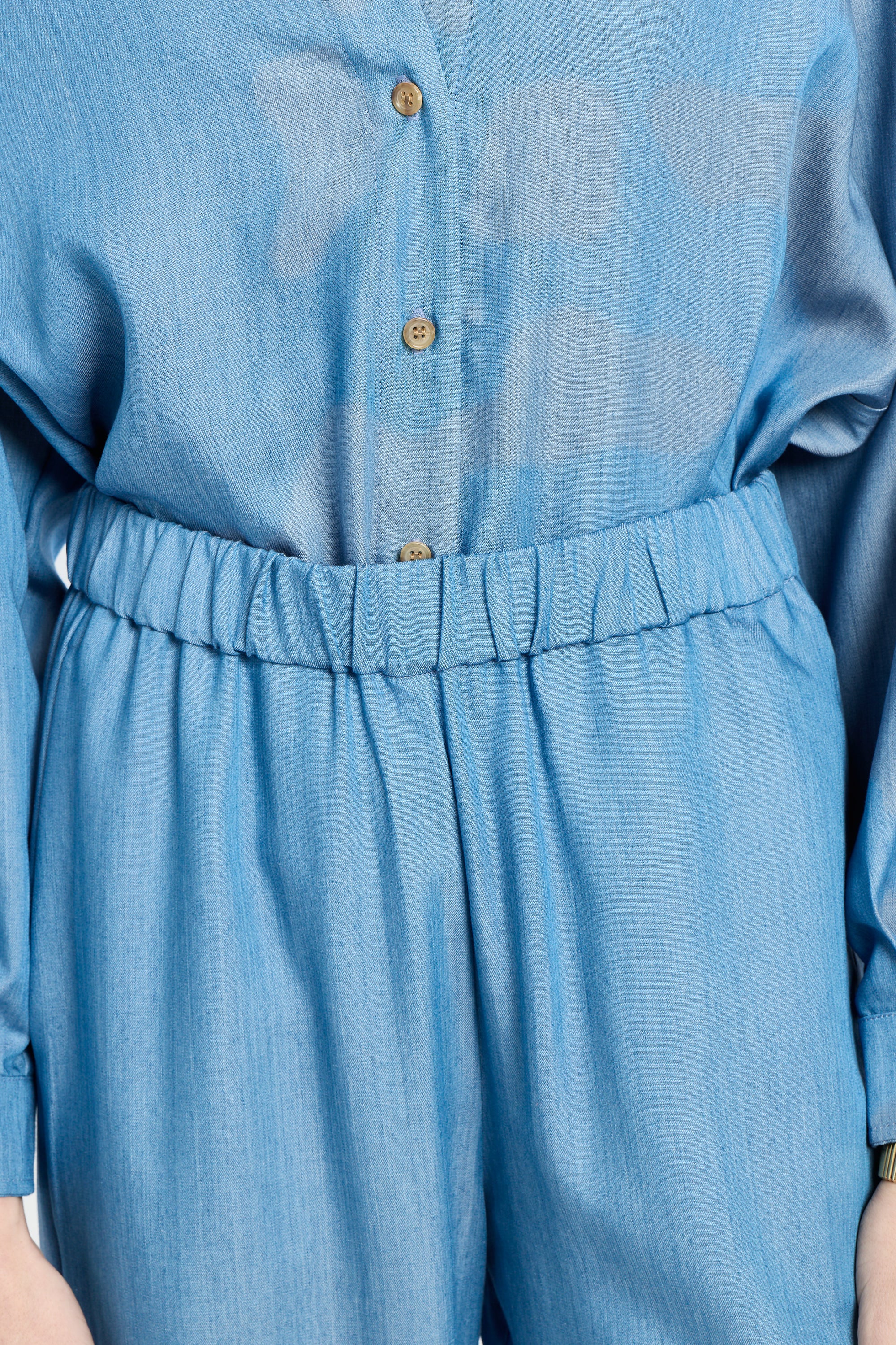 Blue pants waistband with tucked in button up shirt